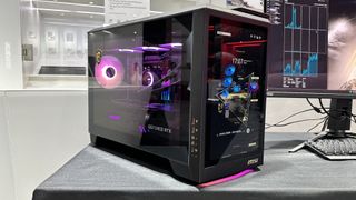 A photo of an MSI MEG Vision X AI desktop gaming PC on display at MSI Shenzhen factory