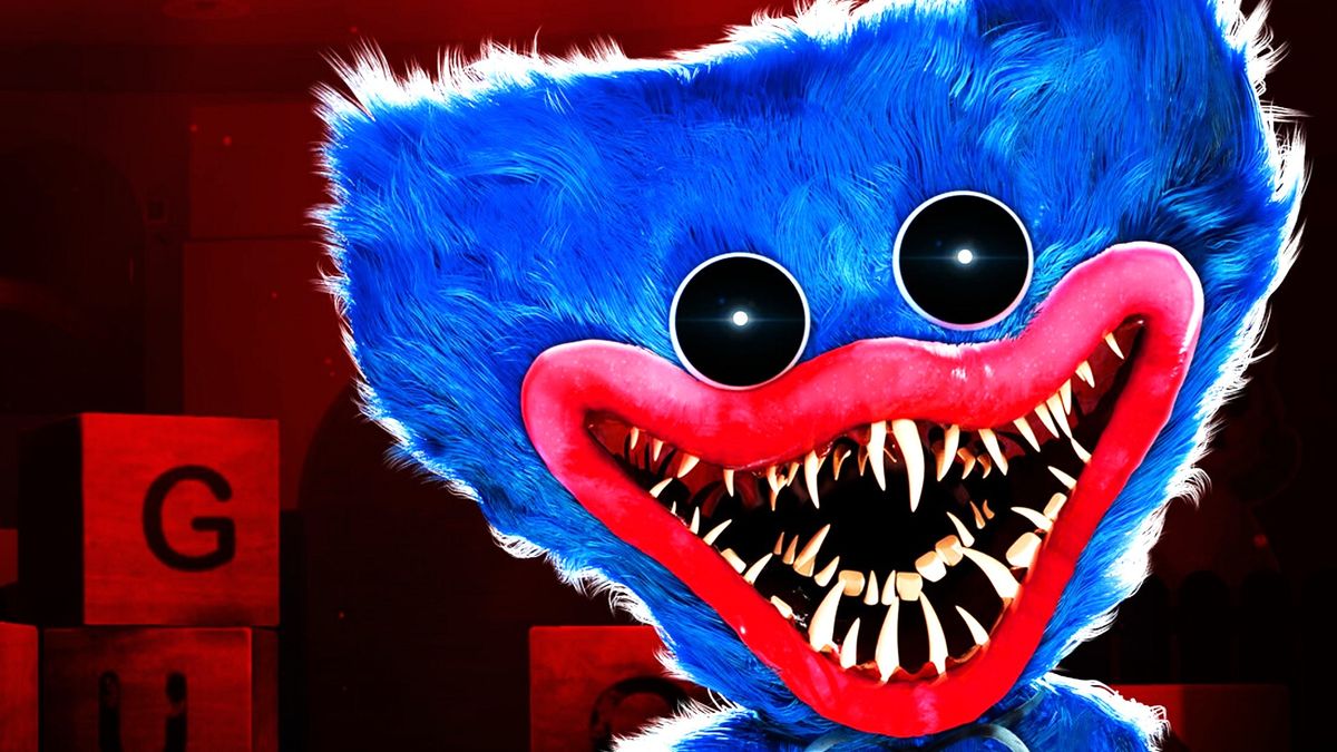 Fuzzy children&#039;s show character with blue fur but rendered monstrous with void eyes and rows of shark teeth