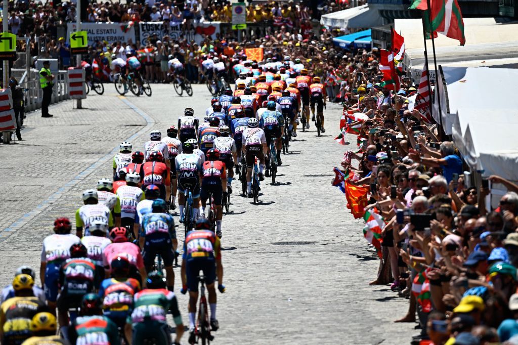 The pack of riders pictured in action during the third stage of the Tour de France cycling race a 1874 km race from AmorebietaEtxano to Bayonne France Monday 03 July 2023 This years Tour de France takes place from 01 to 23 July 2023 BELGA PHOTO JASPER JACOBS Photo by JASPER JACOBS BELGA MAG Belga via AFP Photo by JASPER JACOBSBELGA MAGAFP via Getty Images