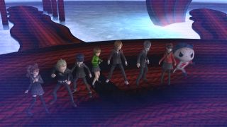 The entire Persona 4 party faces off against an enemy in a slightly foggy arena.