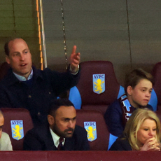 Prince William, Prince of Wales and Prince George of Wales look on during the UEFA Europa Conference League 2023/24 Quarter-final first leg match between Aston Villa and Lille OSC at Villa Park on April 11, 2024 in Birmingham, England.