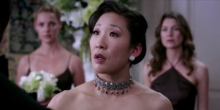 Grey's Anatomy Cristina reacts to Burke calling off their wedding with Meredith and Izzie in background