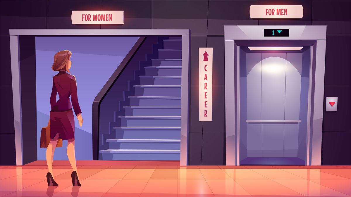 An illustration of a businesswoman stood in the lobby of a building in front of a set of stairs labelled &amp;#039;for women&amp;#039; and an elevator labelled &amp;#039;for men&amp;#039;, divided by a sign with an up arrow on it labelled careers