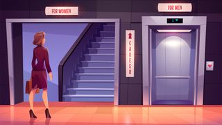 An illustration of a businesswoman stood in the lobby of a building in front of a set of stairs labelled 'for women' and an elevator labelled 'for men', divided by a sign with an up arrow on it labelled careers