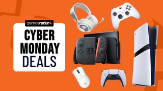 Gaming consoles and accessories on an orange background with Cyber Monday deals badge
