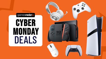 Gaming consoles and accessories on an orange background with Cyber Monday deals badge