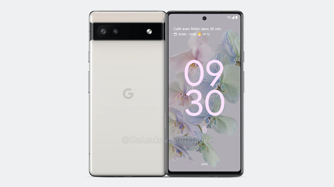 An unofficial render of the Pixel 6a from the front and back