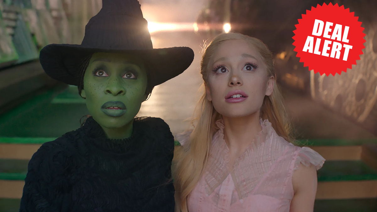 Cynthia Erivo and Ariana Grande at the end of Wicked Part 1 with &#039;deal alert&#039; overlay