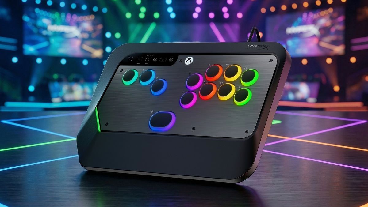 HyperX Clutch Tachi promotional image showing the fighting controller with RGB buttons on a virtual fighting stage
