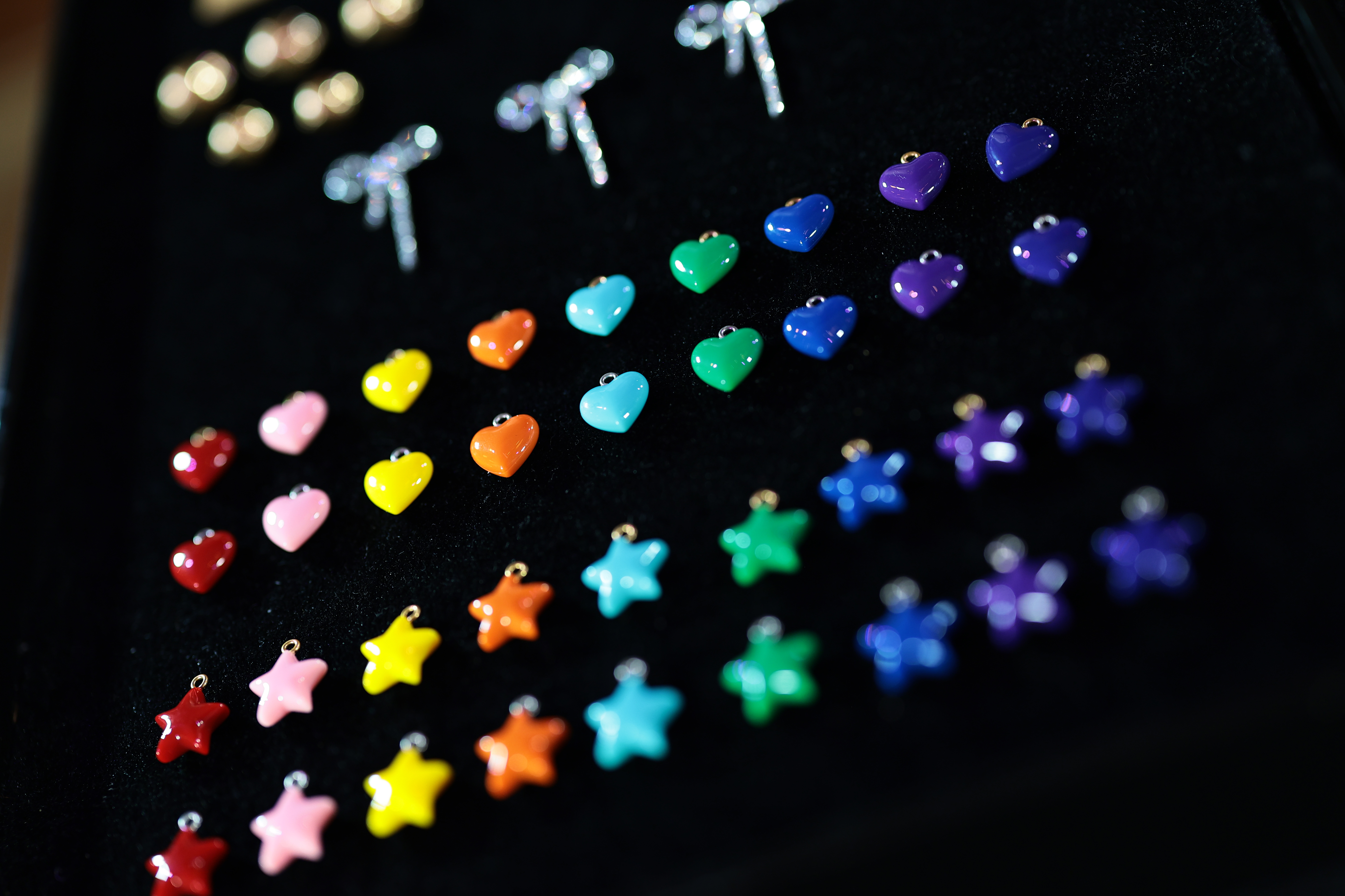 a tray of colorful hair accessories