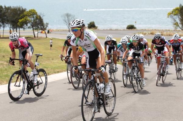 Shara Gillow (GreenEDGE) leads on the hill, but Loren Rowney (Total Rush) looks set to attack