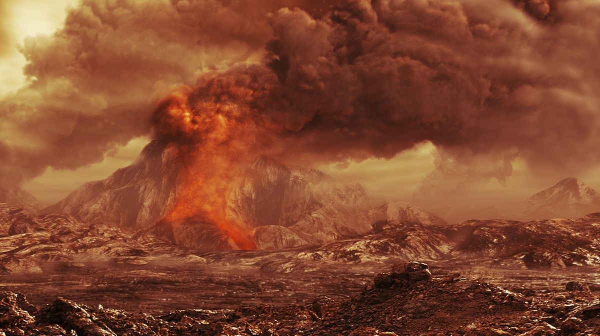 artist&#039;s impression of a volcano erupting on venus