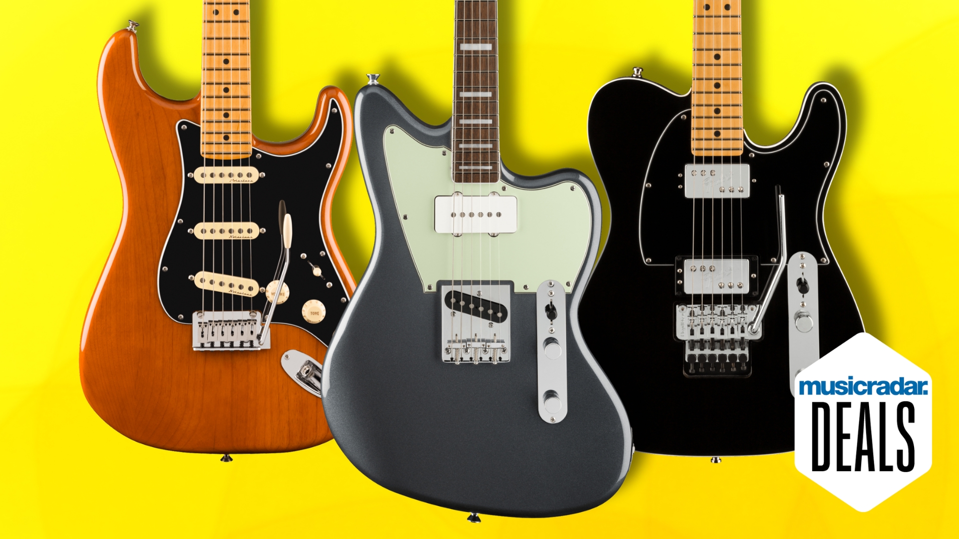 A trio of Fender guitars on a yellow background
