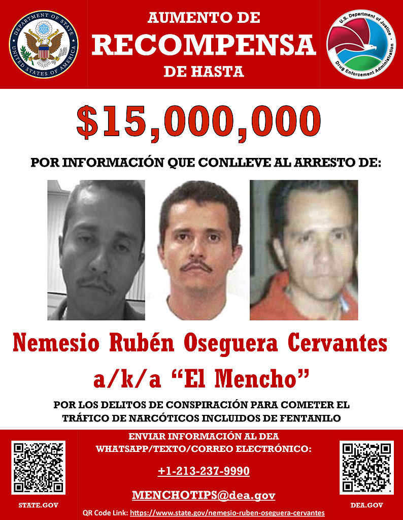 Mexican drug lord El Mencho in a wanted poster on the U.S. Department of State website