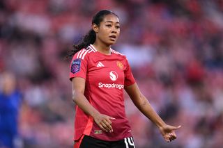 Jayde Riviere of Manchester United Women looks on during the Barclays Women's Super League match between Manchester United FC and Chelsea FC at Leigh Sports Village on April 30, 2025 in Leigh, England.