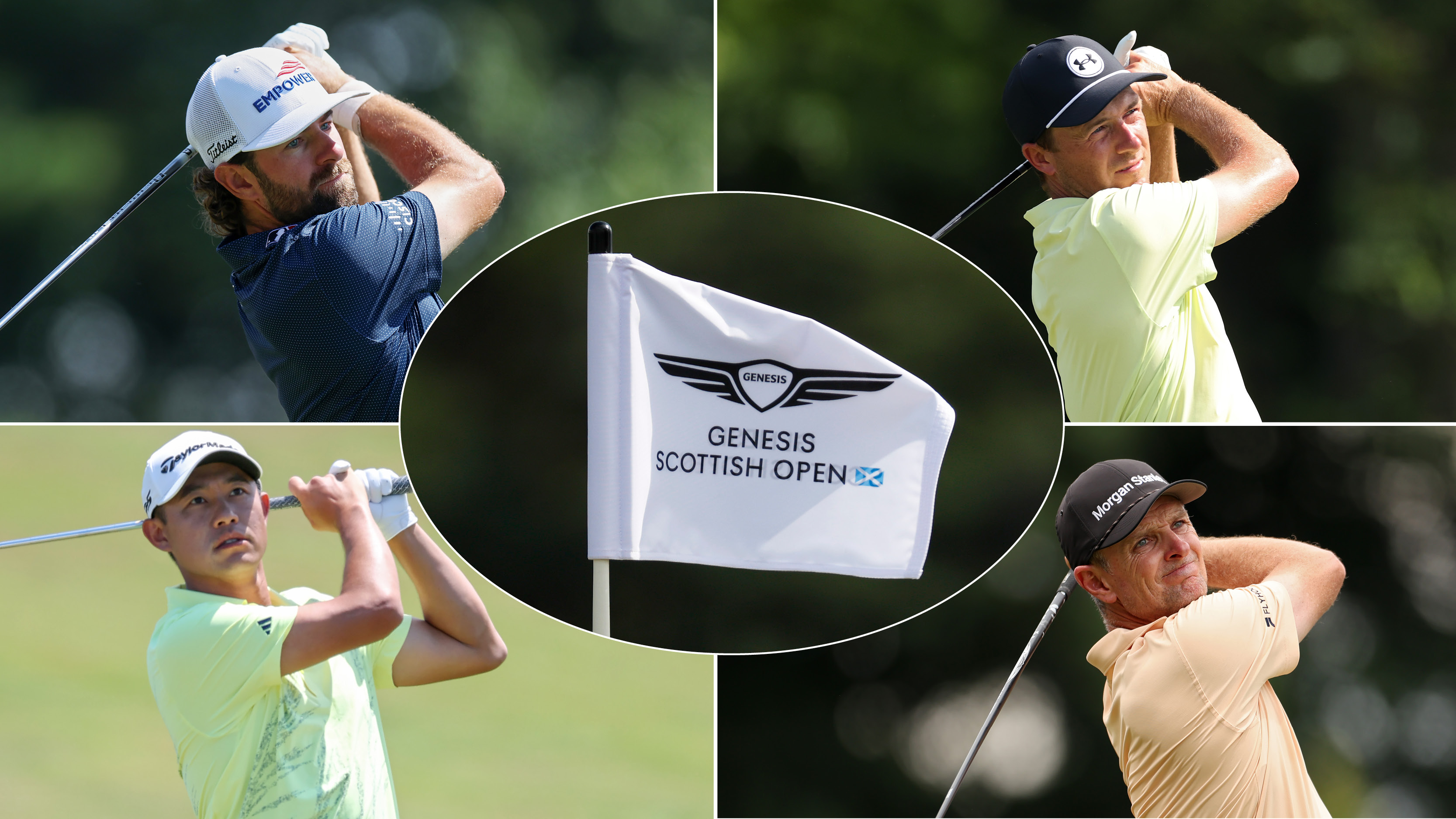 Cameron Young, Jordan Spieth, Collin Morikawa, Justin Rose and a white Scottish Open flag centered