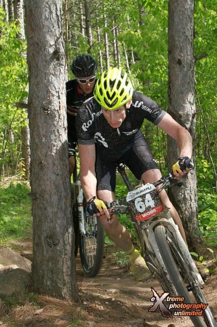 Tristan Schouten (Rolf Prima Wheels) and Matt Shriver (Trek Midwest Team) weaving through the trees