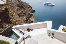 Concrete balcony at Vora hotel, Santorini