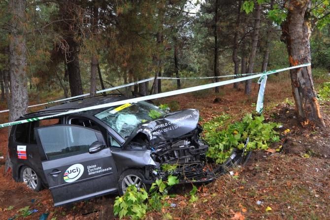 The front end of the Norway team car was severely crumpled