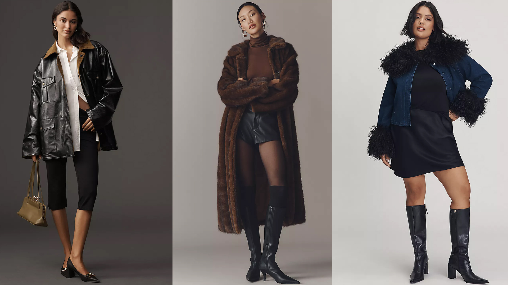 one model wears faux fur coat leather shorts brown sweater and tall black boots, another model wears faux fur trimmed denim jacket short black dress and tall boots, and another model wears reversible leather and suede jacket white button down capris and black shoes