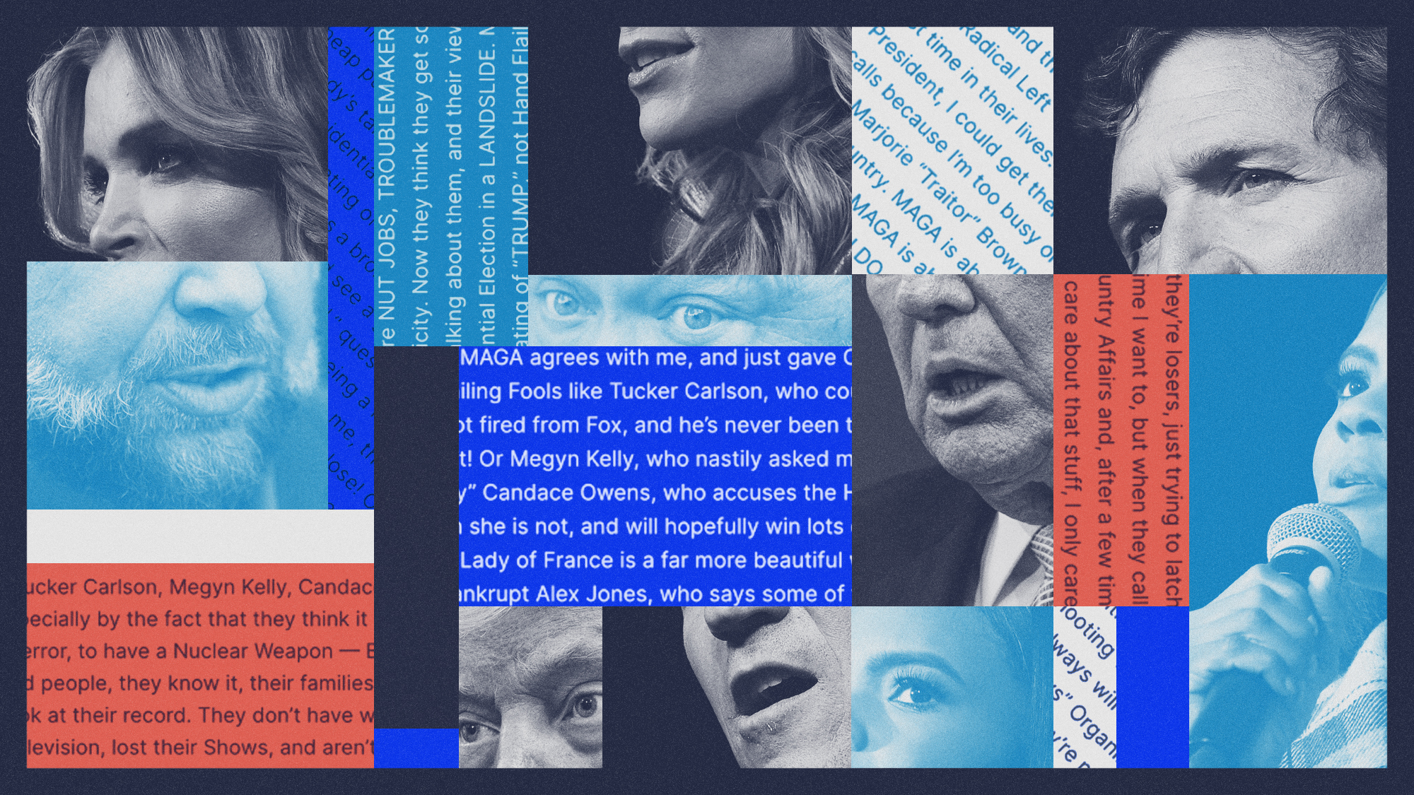 Photo composite of Donald Trump, Tucker Carlson, Megyn Kelly, Candace Owens, Alex Jones and text from a Trump post