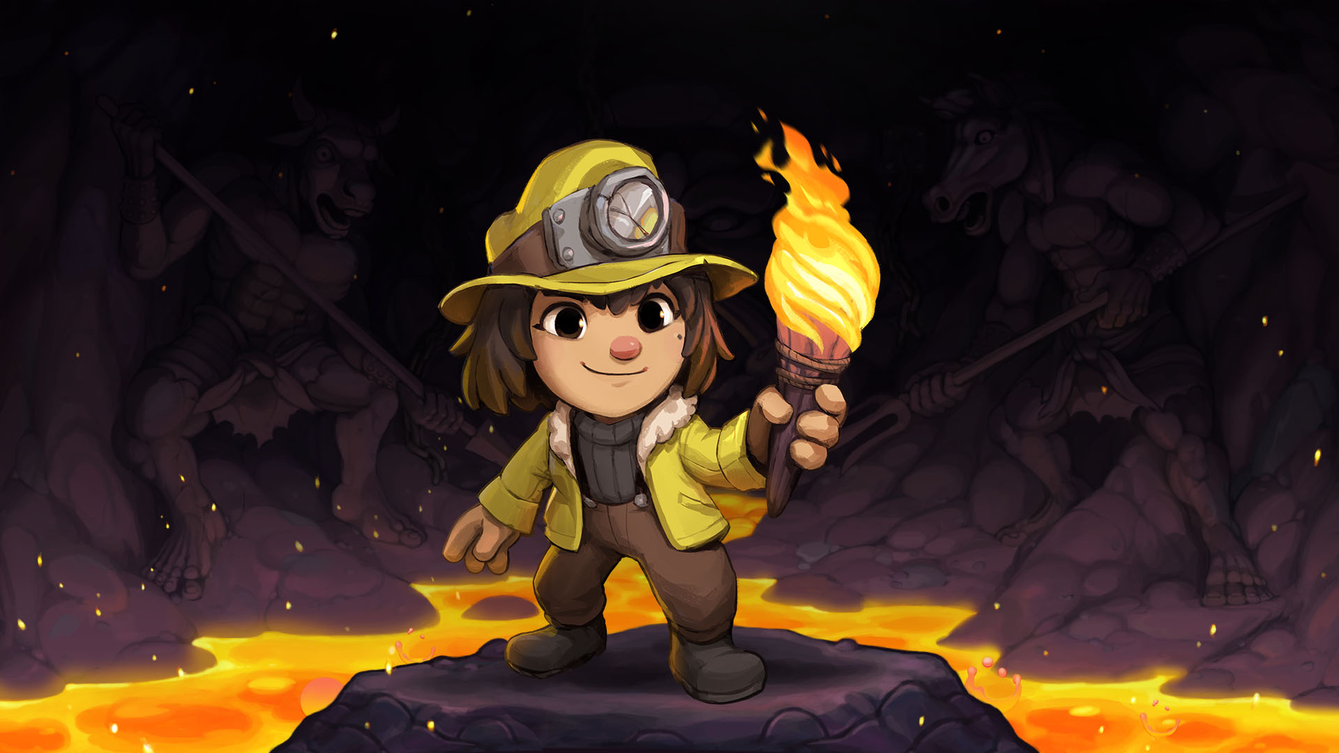 Ana Spelunky, surrounded by lava, holds a torch