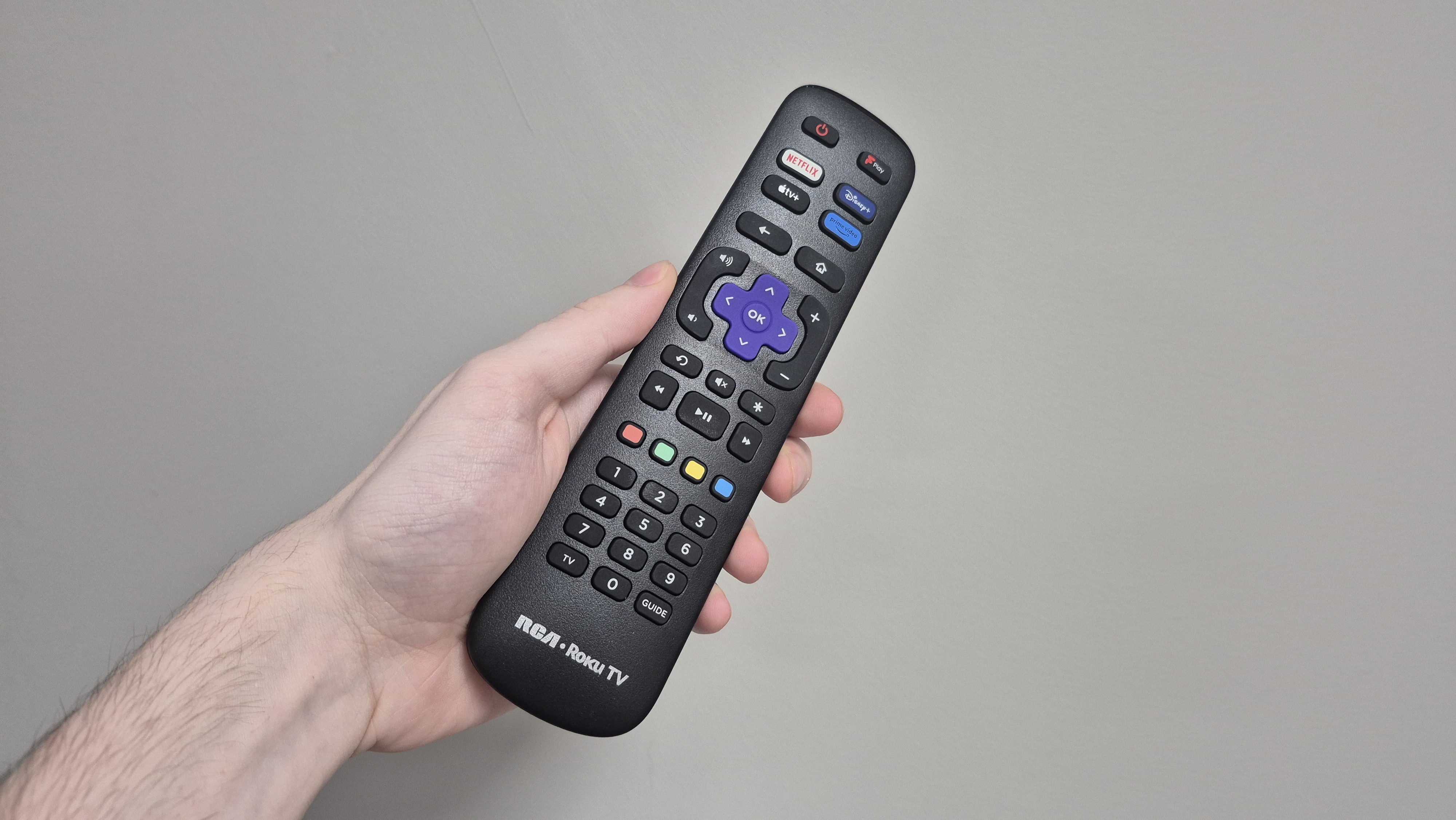 Person holding remote for the RCA Roku 24-inch HD TV