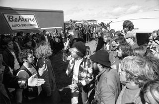 Rock guitarist Jimi Hendrix (1942 - 1970) at his last concert on September 6, 1970 in Isle of Fehmarn, Germany.