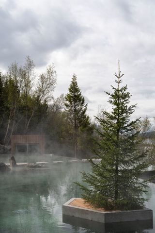 Misty view across Forest Lagoon geothermal bathing pool in Iceland