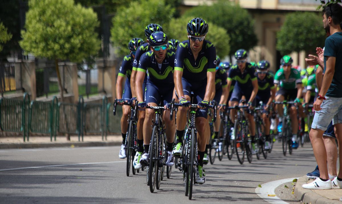 The landscape of the bunch for most of the race: Movistar Team&rsquo;s Jorge Arcas and Gorka Izagirre leading the bunch as the kilometres went by.