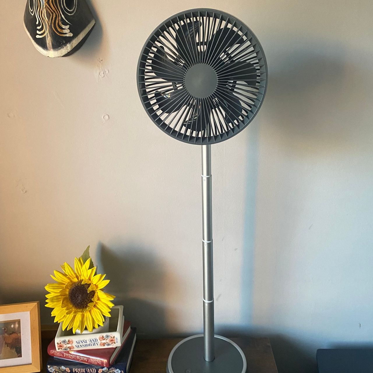 The Duux Rize fan in full height pedestal model on a wooden top sideboard, next to a book vase with a faux sunflower in it
