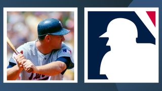 A photo of baseball player Harmon Killebrew next to the MLB logo