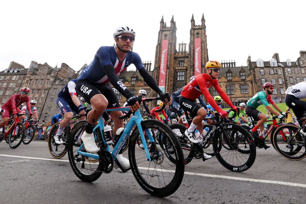 EDINBURGH SCOTLAND AUGUST 06 LR Lawrence Warbasse of The United States Tobias Halland Johannessen of Norway and Youcef Reguigui of Algeria compete during the 96th UCI Cycling World Championships Glasgow 2023 Men Elite Road Race a 2711km one day race from Edinburgh to Glasgow UCIWT on August 06 2023 in Edinburgh Scotland Photo by Dean MouhtaropoulosGetty Images