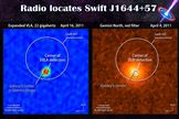To link the Swift event to the galaxy required observations at radio wavelengths, which showed that the galaxy's center contained a brightening radio source.