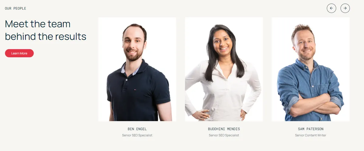 meet the team page with three images of people