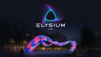 Elysium LED logo and wavy digital display in front of a venue. 