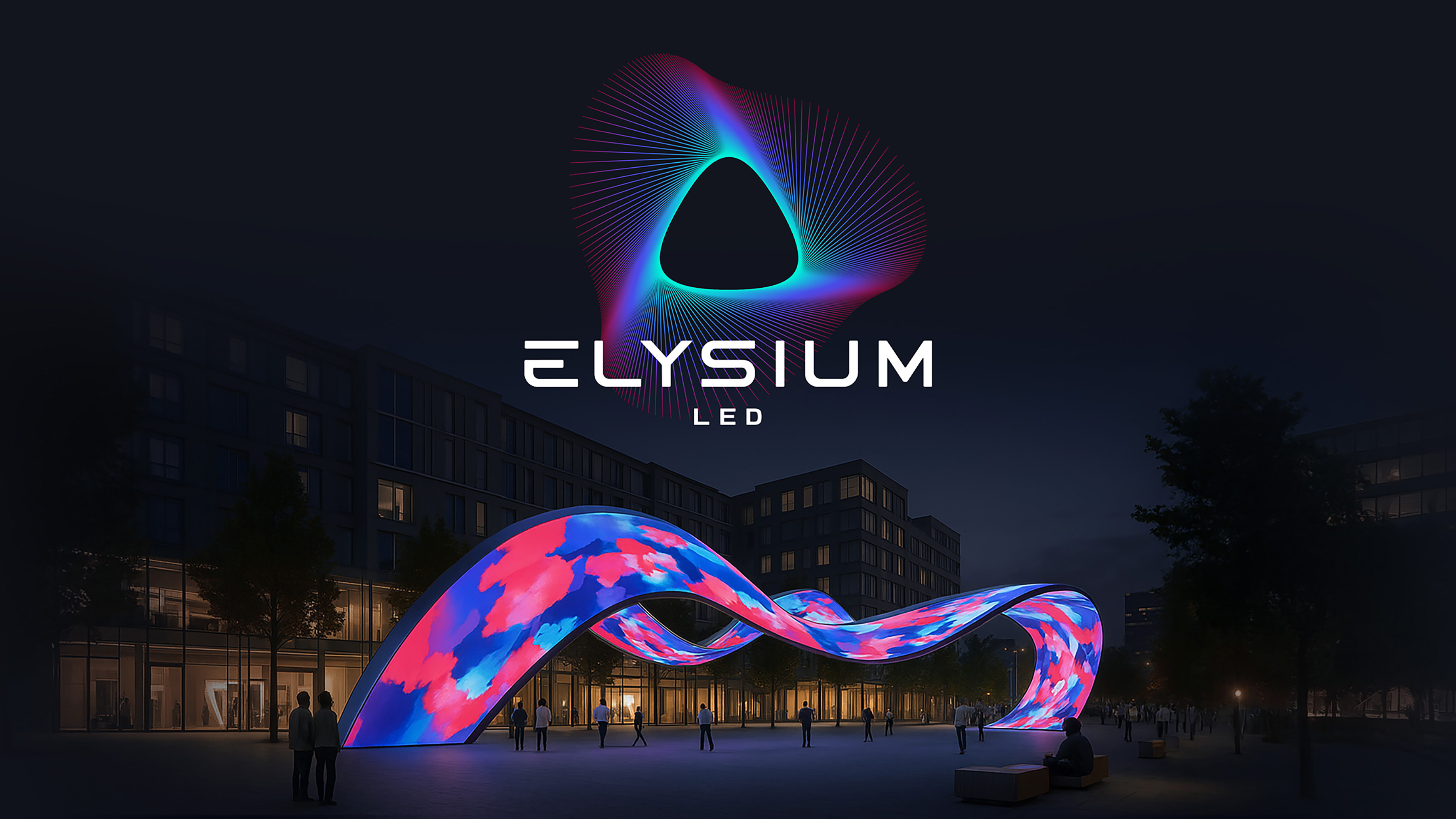 Elysium LED logo and wavy digital display in front of a venue. 