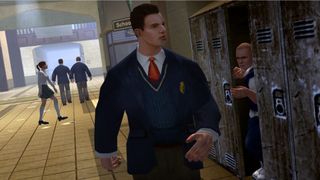 Bully: Scholarship Edition screenshot of a prefect patrolling the school corridors as Jimmy hides in a locker