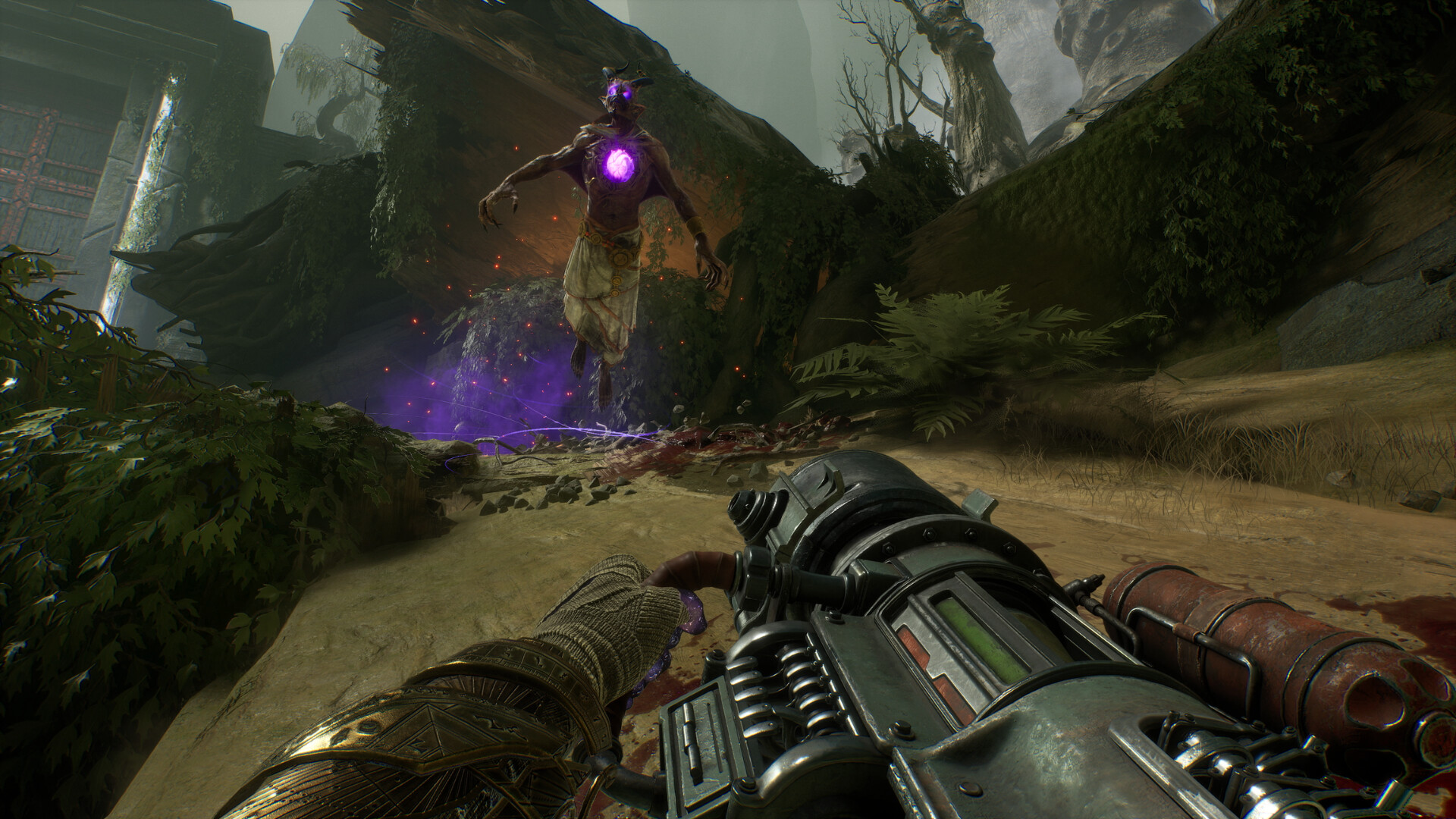 Aiming a large two-handed gun at a floating demon in Painkiller
