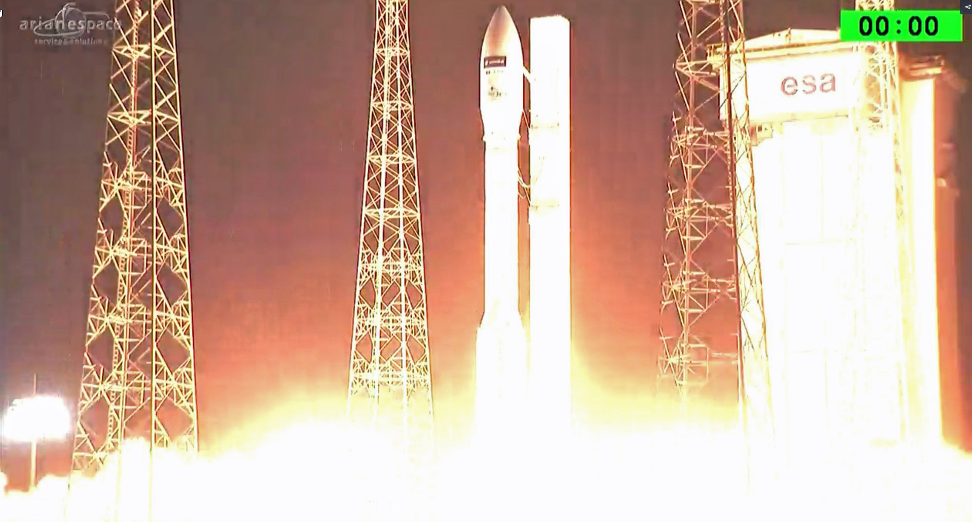 An Arianespace Vega rocket launches the Sentinel-2B Earth observation satellite from Guiana Space Center in Kourou, French Guiana on a mission for the European Space Agency and European Commission in this video still from March 6, 2017.