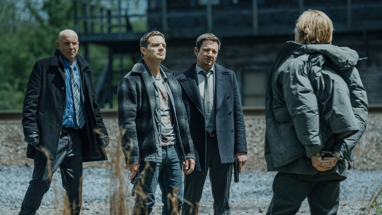 L-R: Hugh Dillon as Ian, Taylor Handley as Kyle McLusky, Jeremy Renner as Mike McLusky, and Richard Brake as Merle Callahan in Mayor of Kingstown episode 10, season 4, streaming on Paramount+, 2025.