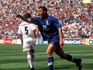 Christian Vieri celebrates after scoring for Italy against Norway at the 1998 World Cup.