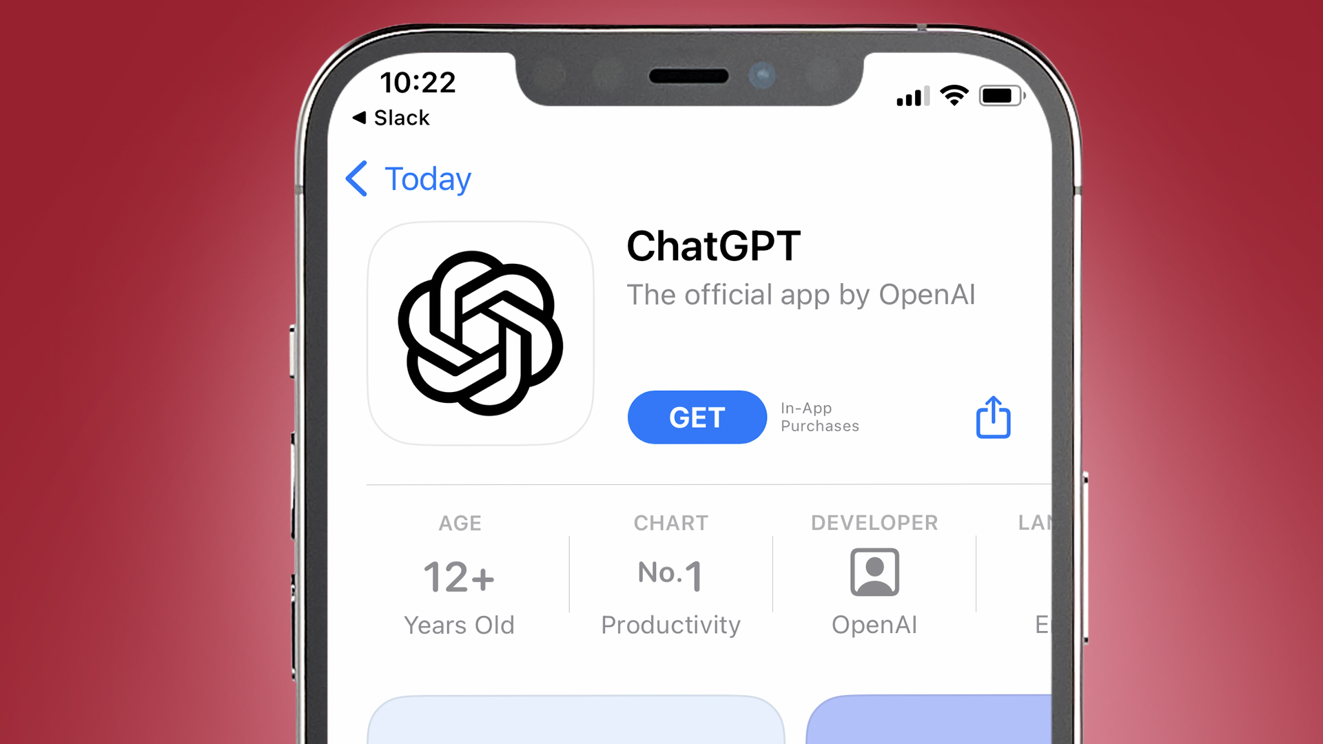 An iPhone screen showing the OpenAI ChatGPT download page on the App Store