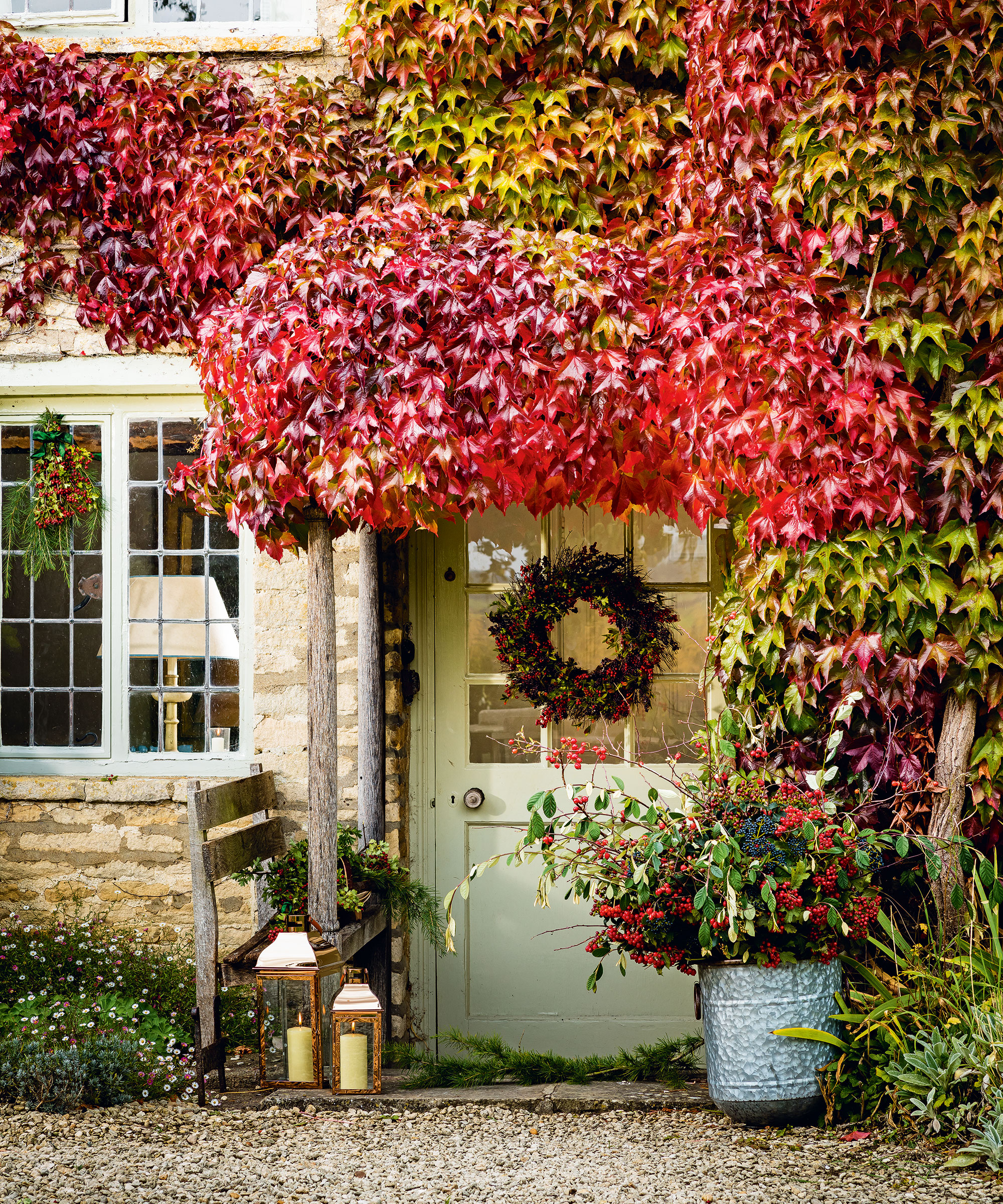 Fall decor with wreath on front door