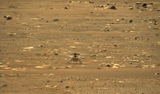 This image from NASA’s Perseverance rover shows the agency’s Ingenuity Mars Helicopter right after it successfully completed a high-speed spin-up test on April 16, 2021.