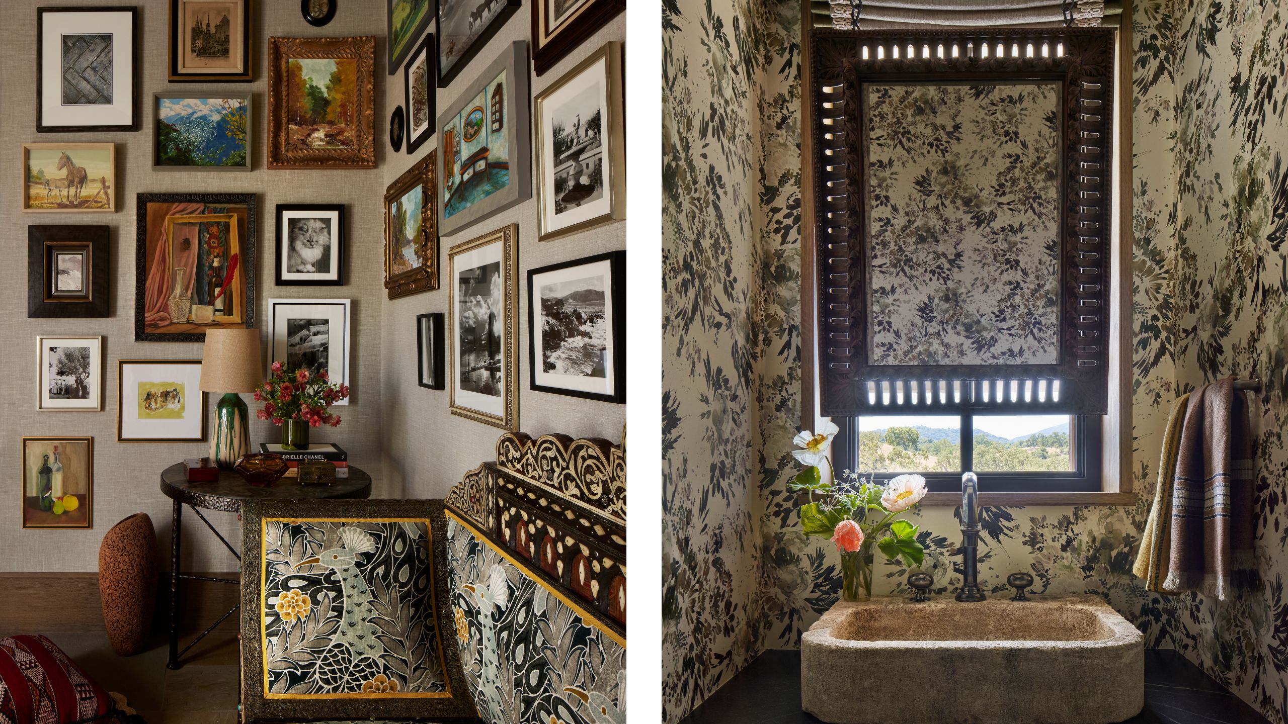 two side by side images - on the left an entry with gallery wall and the right a wallpapered powder room