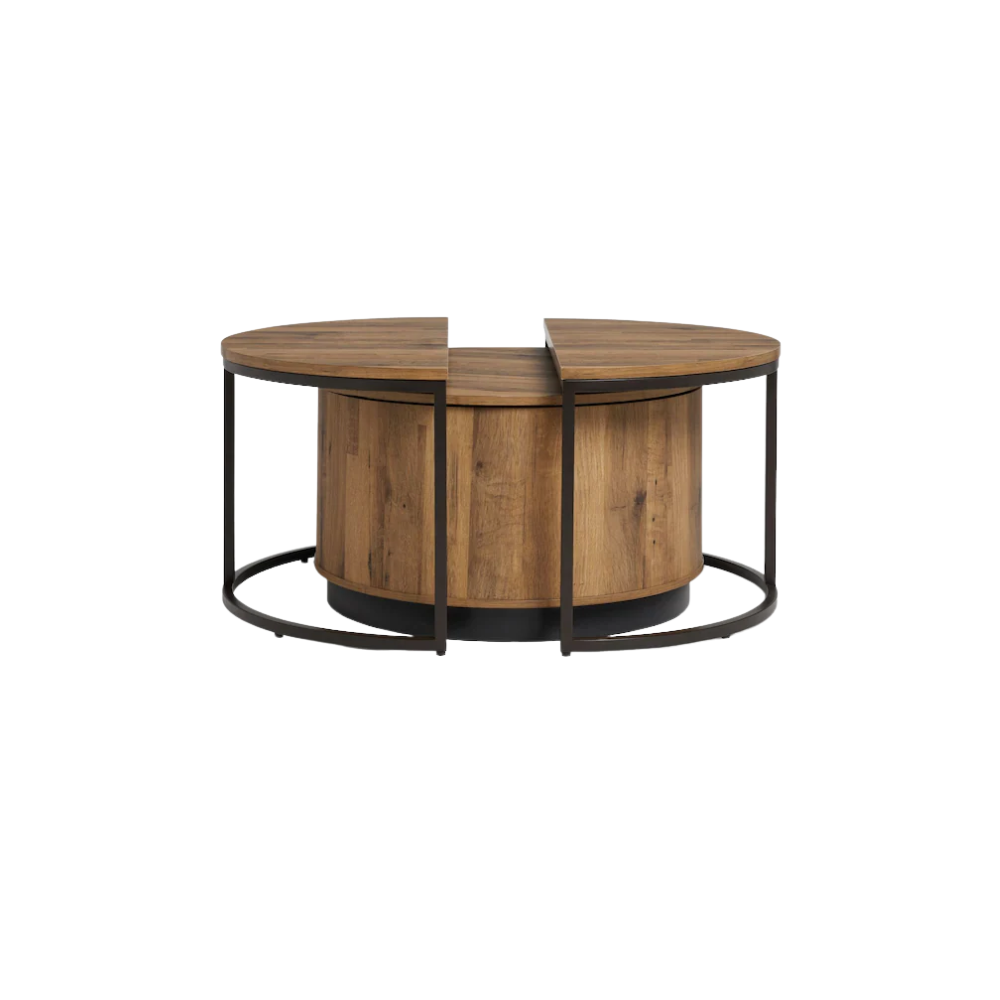 Wood and black coffee table split in two with a round storage box in the middle