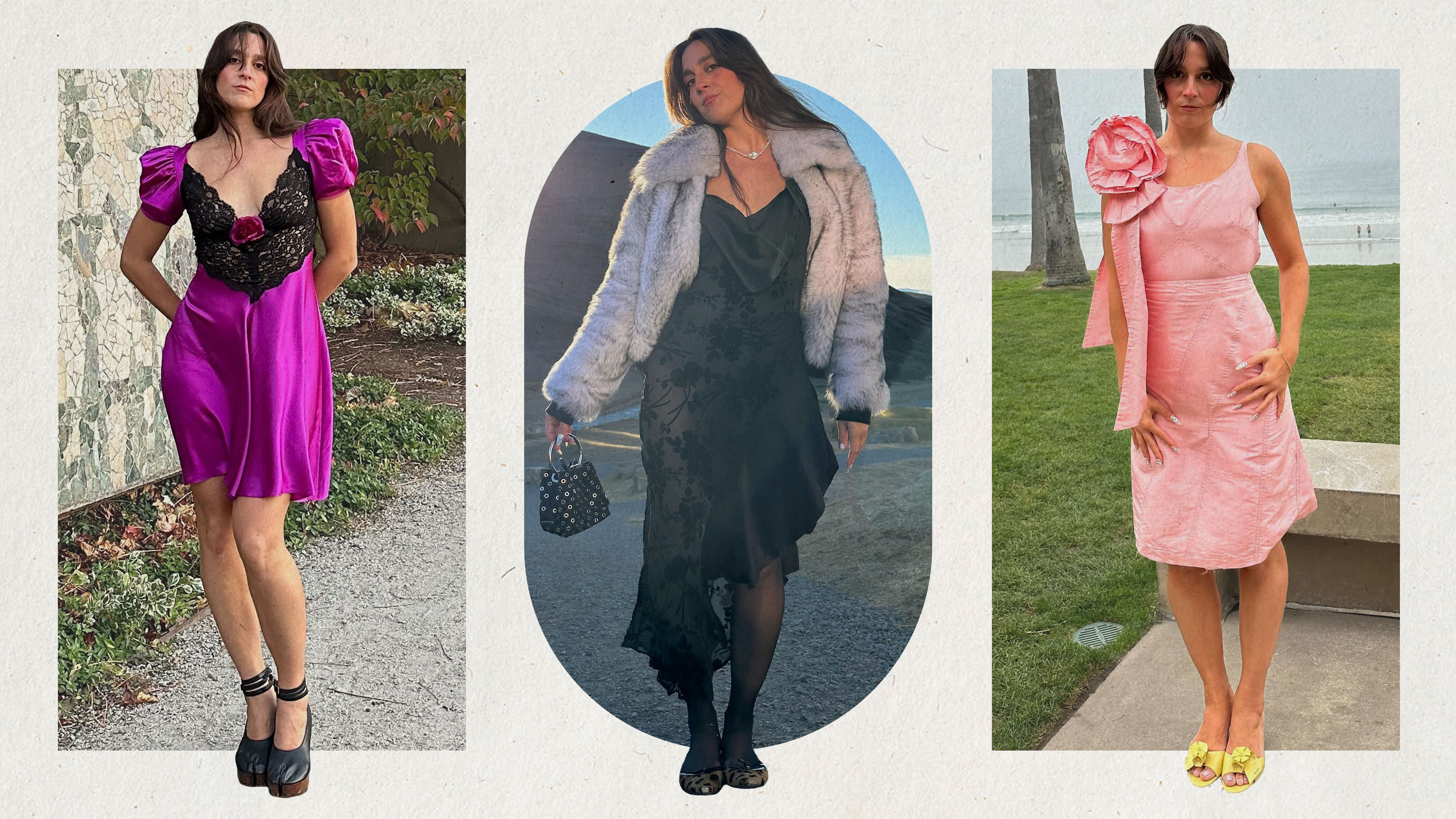 Collage of WWW editor wearing wedding guest dresses.