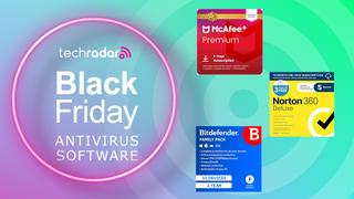 TechRadar's Black Friday Antivirus page featuring deals from McAfee, Norton, Bitdefender, and more