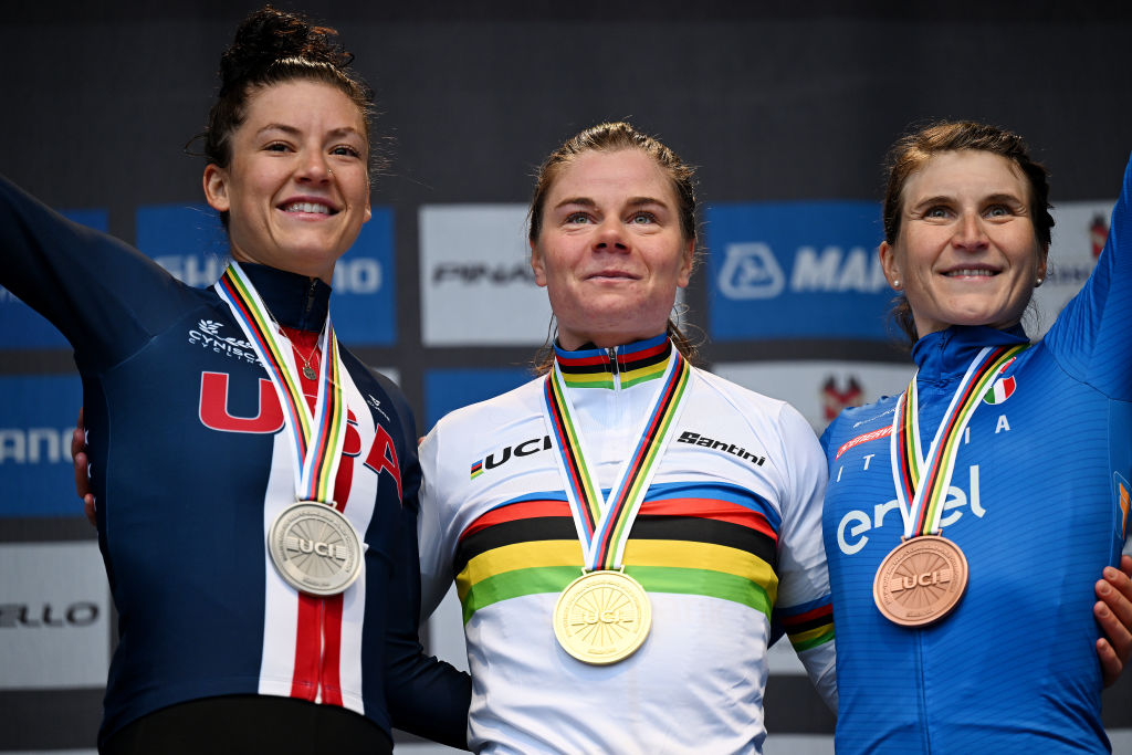 ZURICH, SWITZERLAND - SEPTEMBER 28: Gold medalist Lotte Kopecky of Team Belgium (C), Silver medalist Chloe Dygert of Team United States (L) and Bronze medalist Elisa Longo Borghini of Team Italy (R) pose on the podium during the 97th UCI Cycling World Championships Zurich 2024, Women&#039;s Elite Road Race a 154.1km one day race from Uster to Zurich on September 28, 2024 in Zurich, Switzerland. (Photo by Tim de Waele/Getty Images)